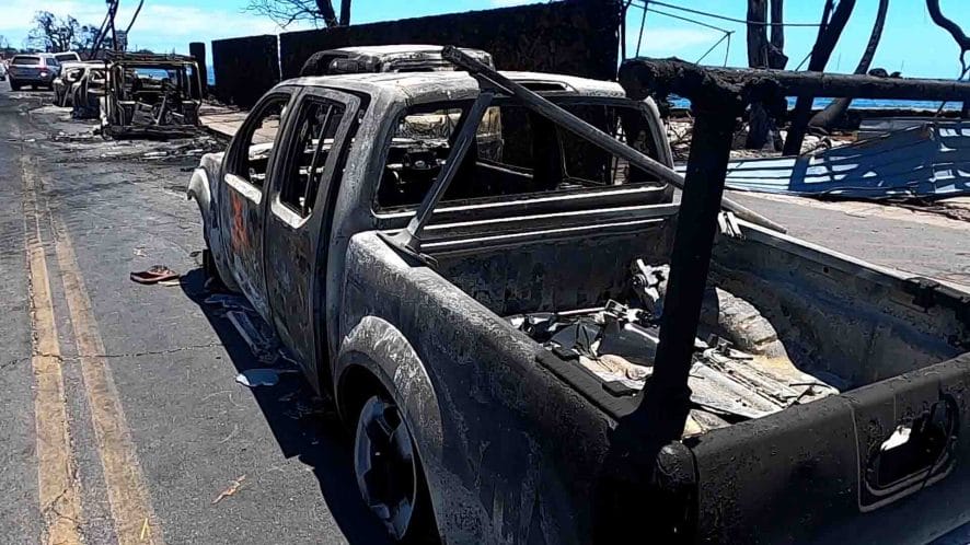 Burned cars after mass fire.
