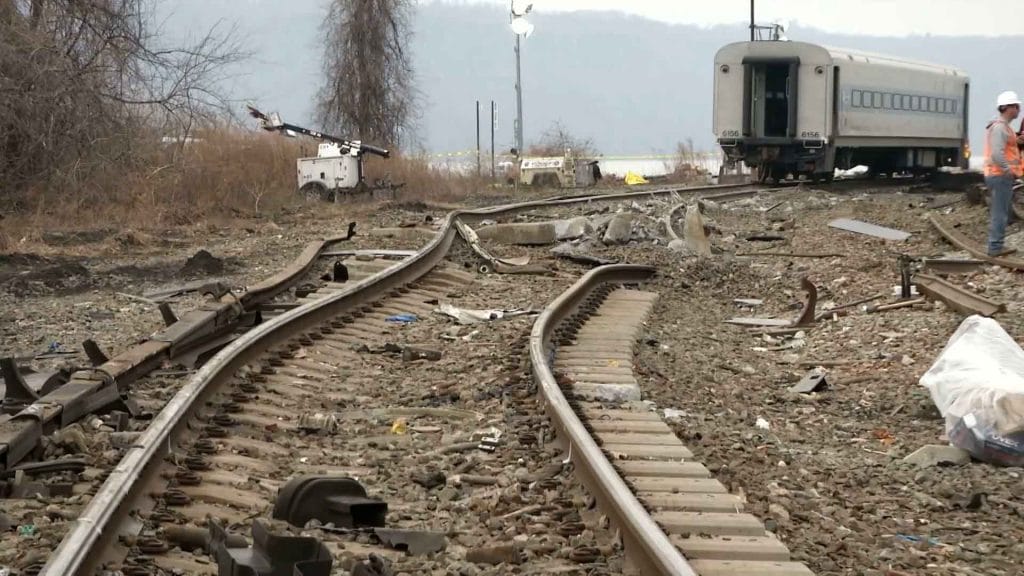 Railway accident pictured from the ground.