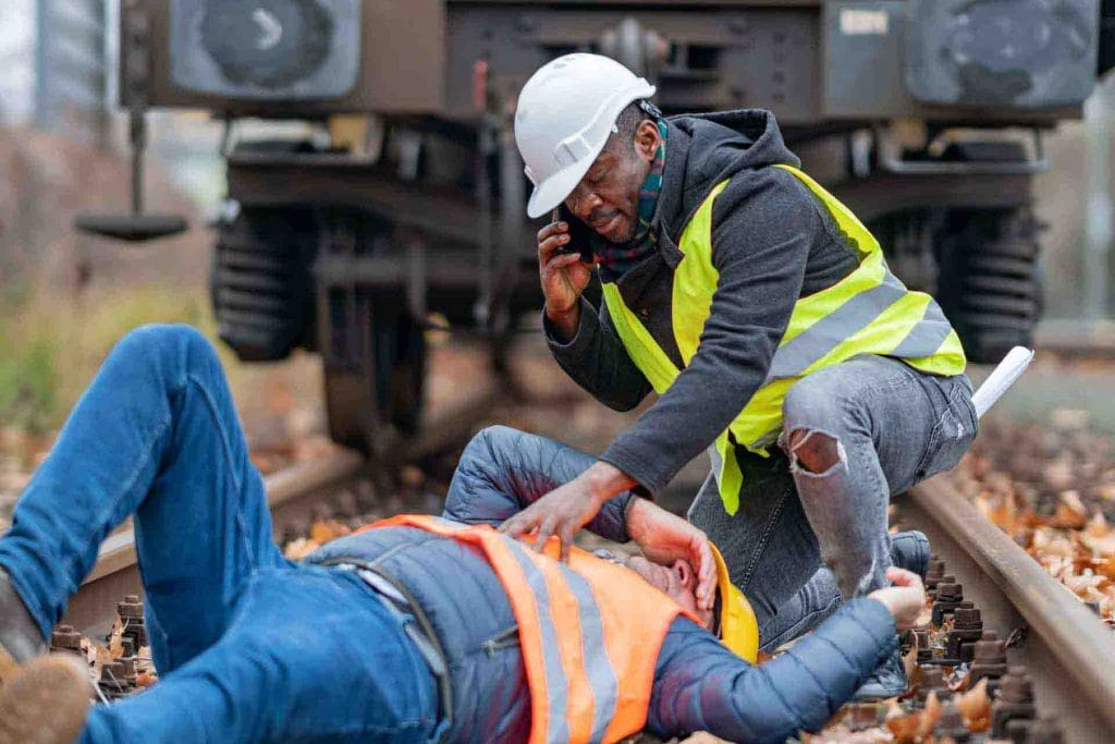 Railway worker helping his injured coworker.